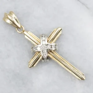 Modern Two-Tone Gold Diamond Cross Pendant