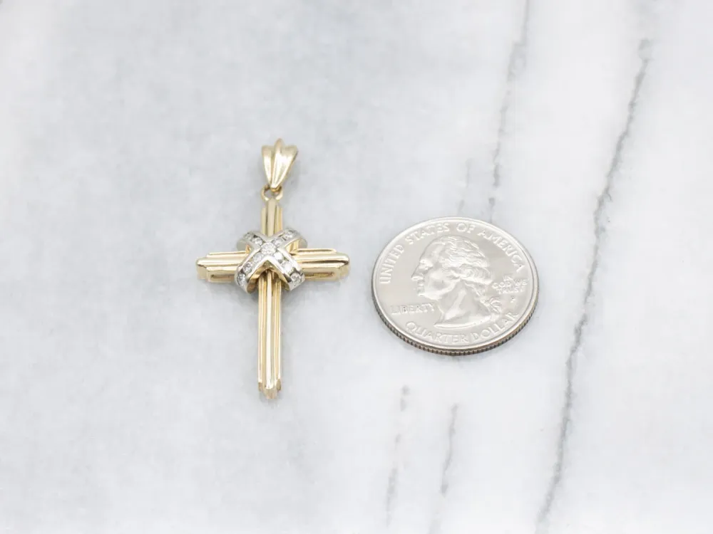 Modern Two-Tone Gold Diamond Cross Pendant
