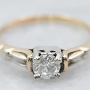 Retro Era Two Tone Gold Diamond Solitaire Engagement Ring