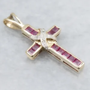 Strak Two Tone Gold Ruby and Diamond Cross Pendant