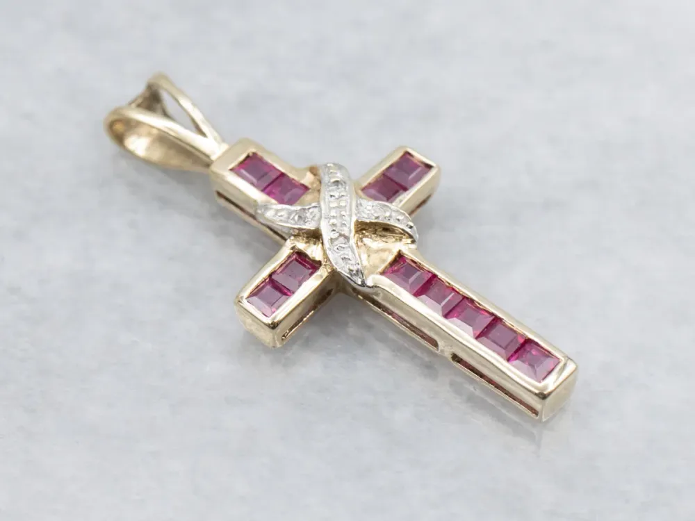 Strak Two Tone Gold Ruby and Diamond Cross Pendant