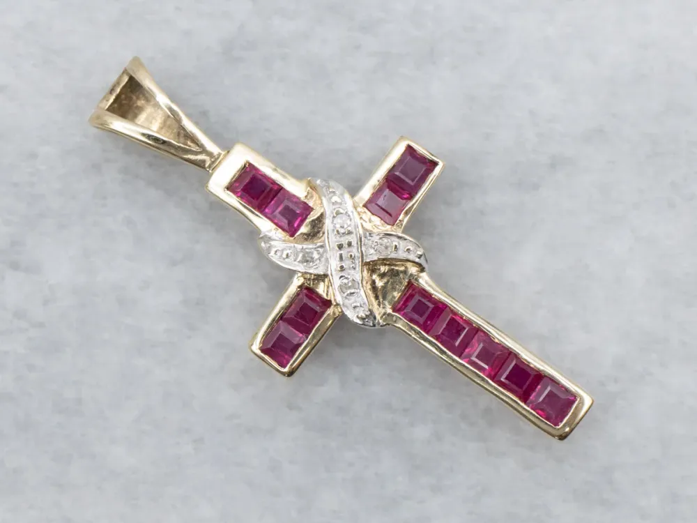 Strak Two Tone Gold Ruby and Diamond Cross Pendant