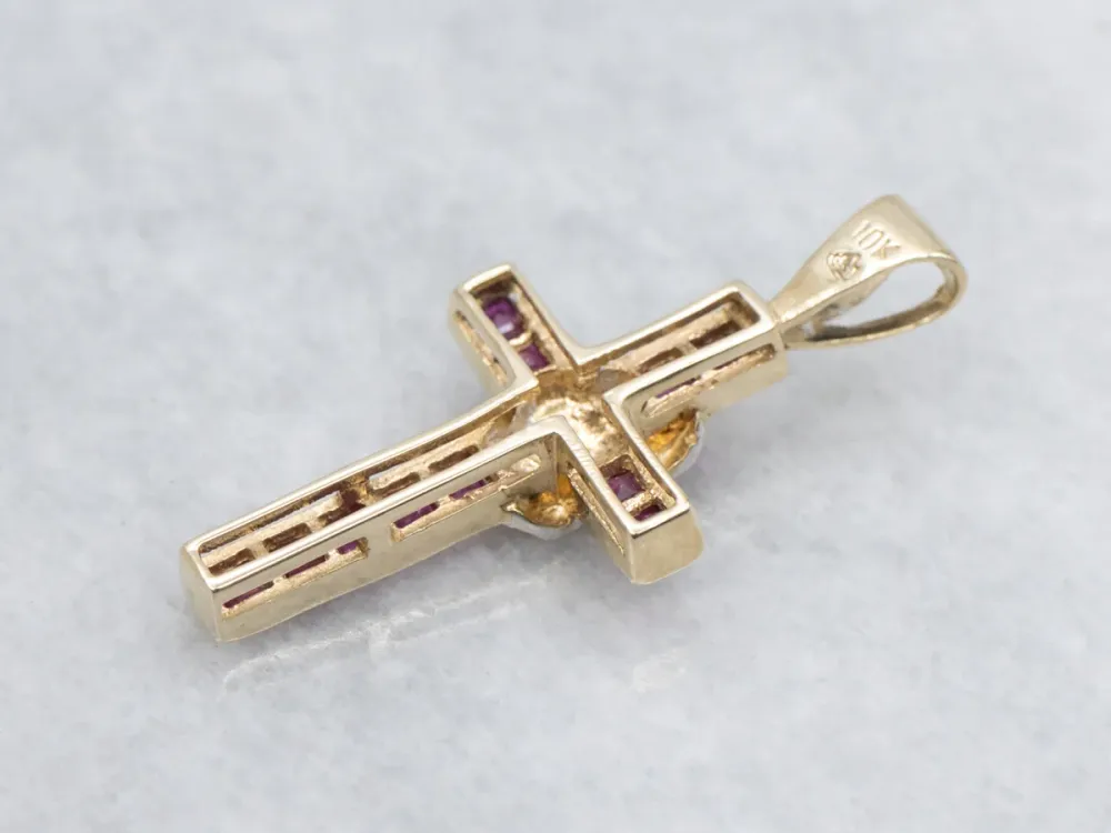 Strak Two Tone Gold Ruby and Diamond Cross Pendant