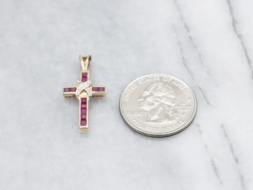 Strak Two Tone Gold Ruby and Diamond Cross Pendant