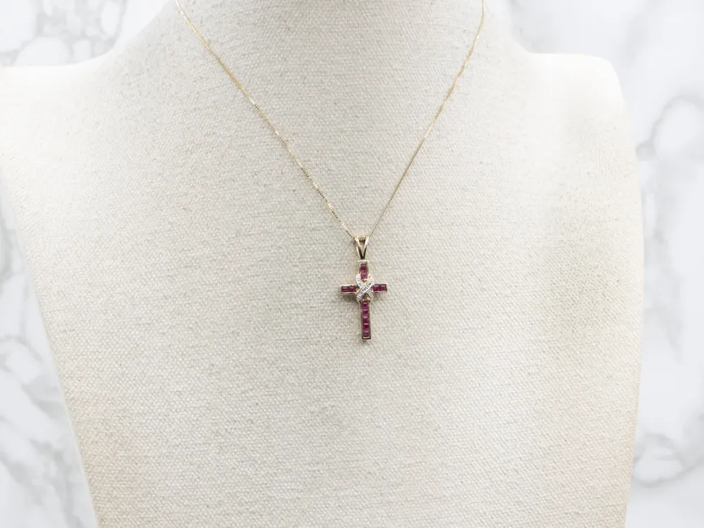 Strak Two Tone Gold Ruby and Diamond Cross Pendant