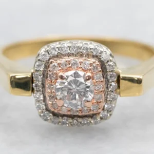 Tri-Color Verguld Repurposed Earring Double Diamond Halo Ring met Garantie