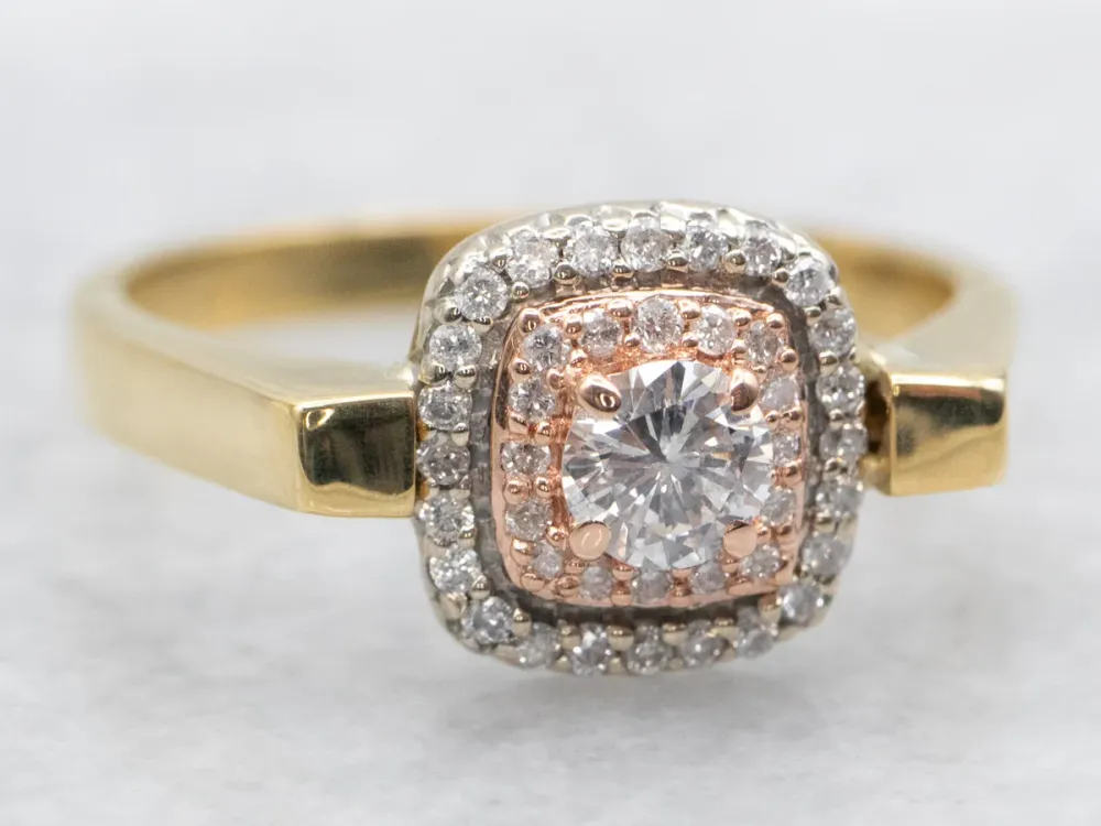 Tri-Color Verguld Repurposed Earring Double Diamond Halo Ring met Garantie