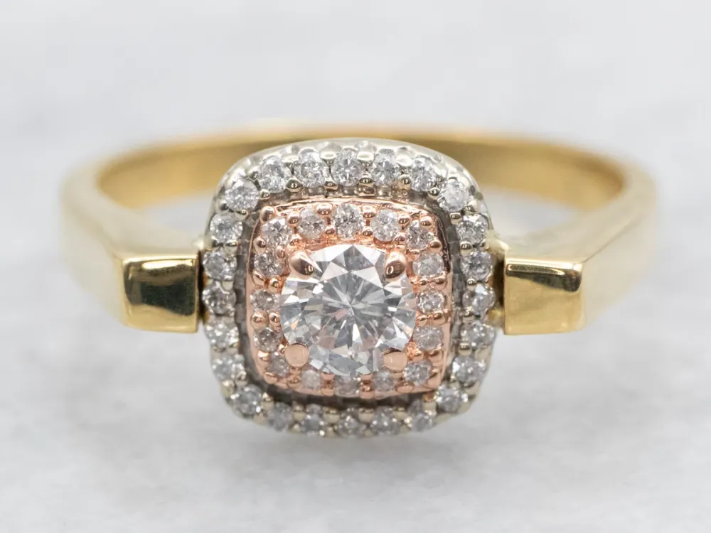 Tri-Color Verguld Repurposed Earring Double Diamond Halo Ring met Garantie