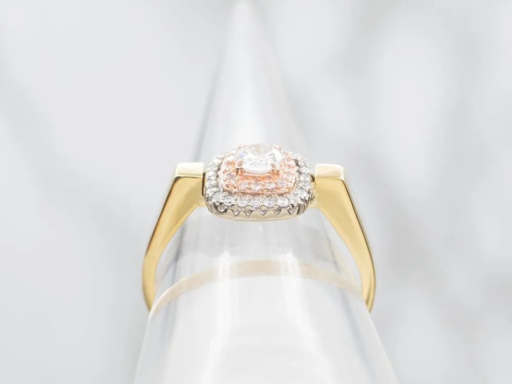Tri-Color Verguld Repurposed Earring Double Diamond Halo Ring met Garantie