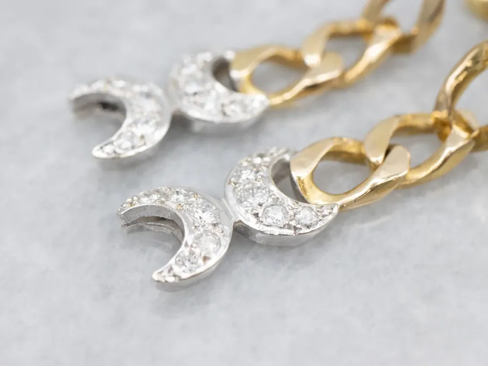 Two-Tone Gold Diamond Moon Phase Drop Earrings