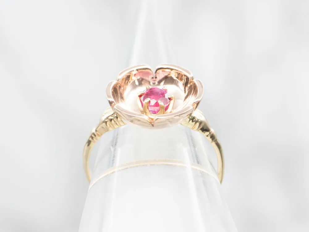 Vintage Two Tone Ruby Flower Ring