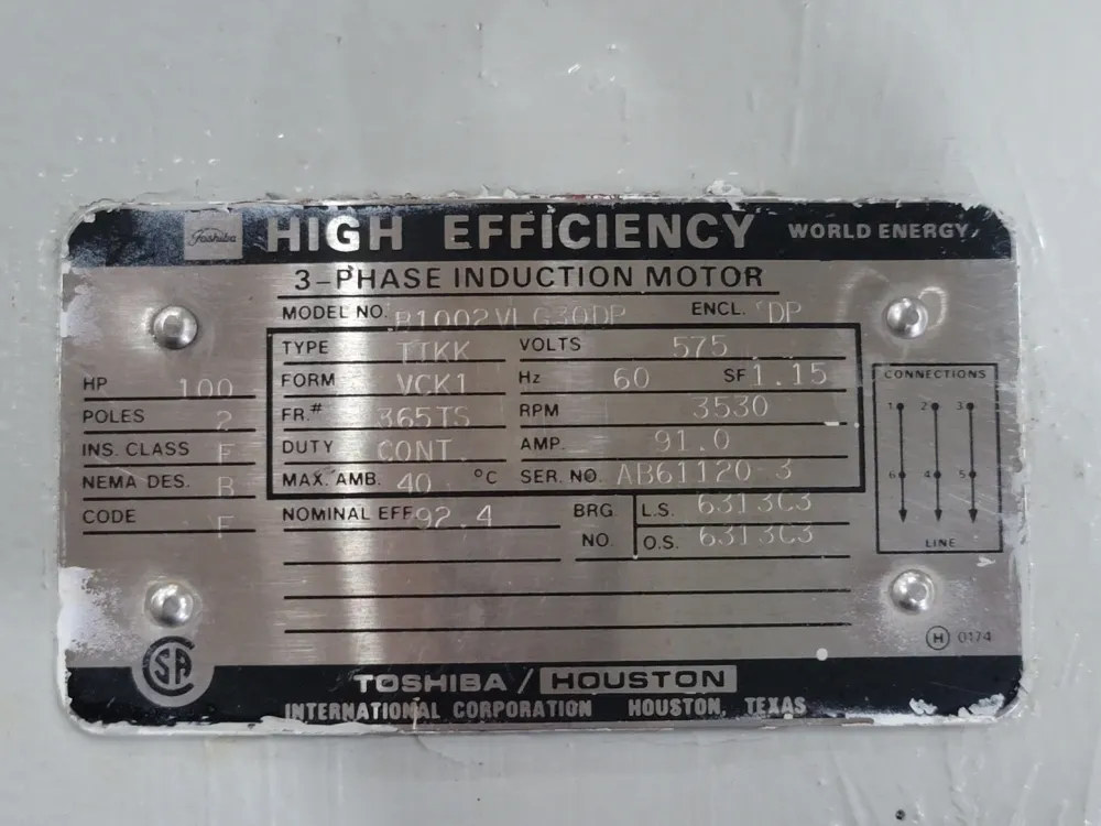 100 hp, 575 volts, 3530 rpm, 365TS Electric Motor B1002VLG30DP
