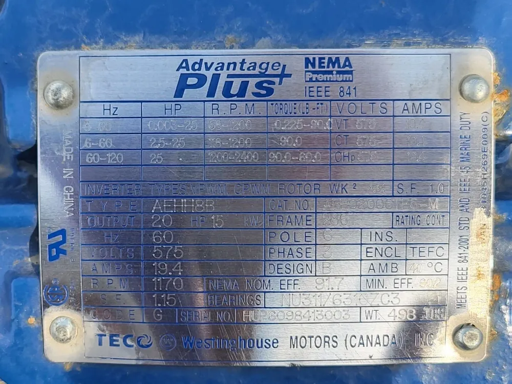 20 hp, 575 volts, 1170 rpm, 286T Electric Motor APH02006TE5-M