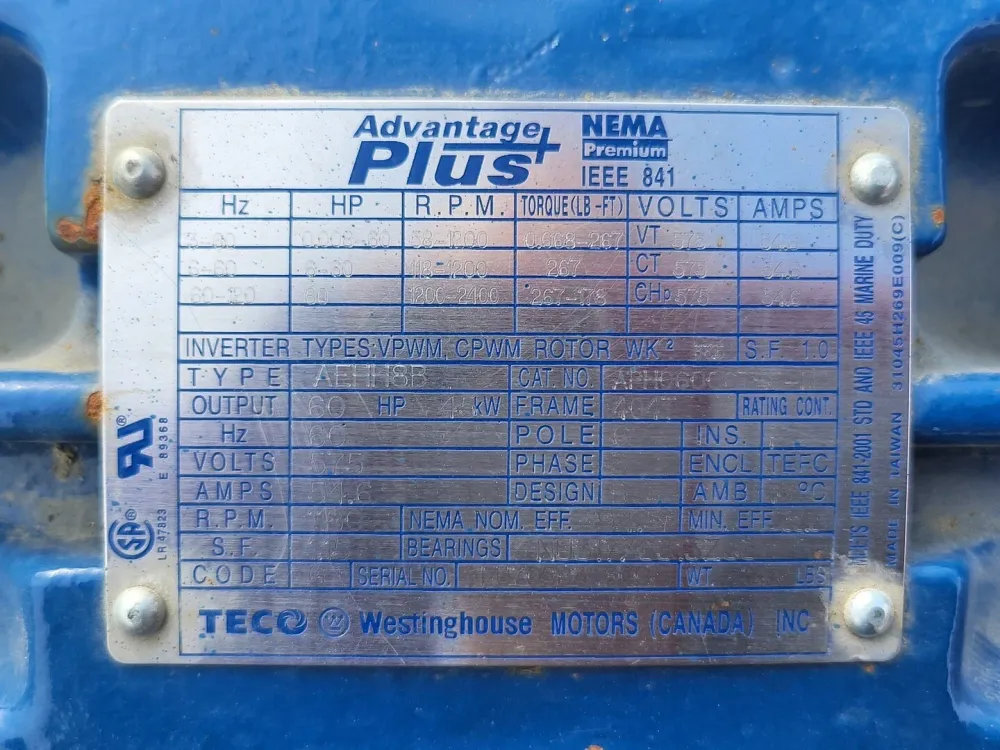 60 hp, 575 volts, 1180 rpm, 404T Electric Motor APH06006TE5-M