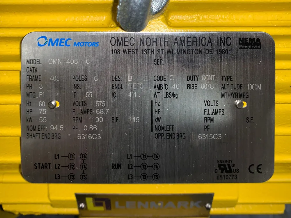 75 hp, 575 volts, 1190 rpm, 405T Electric Motor OMN-405T-6