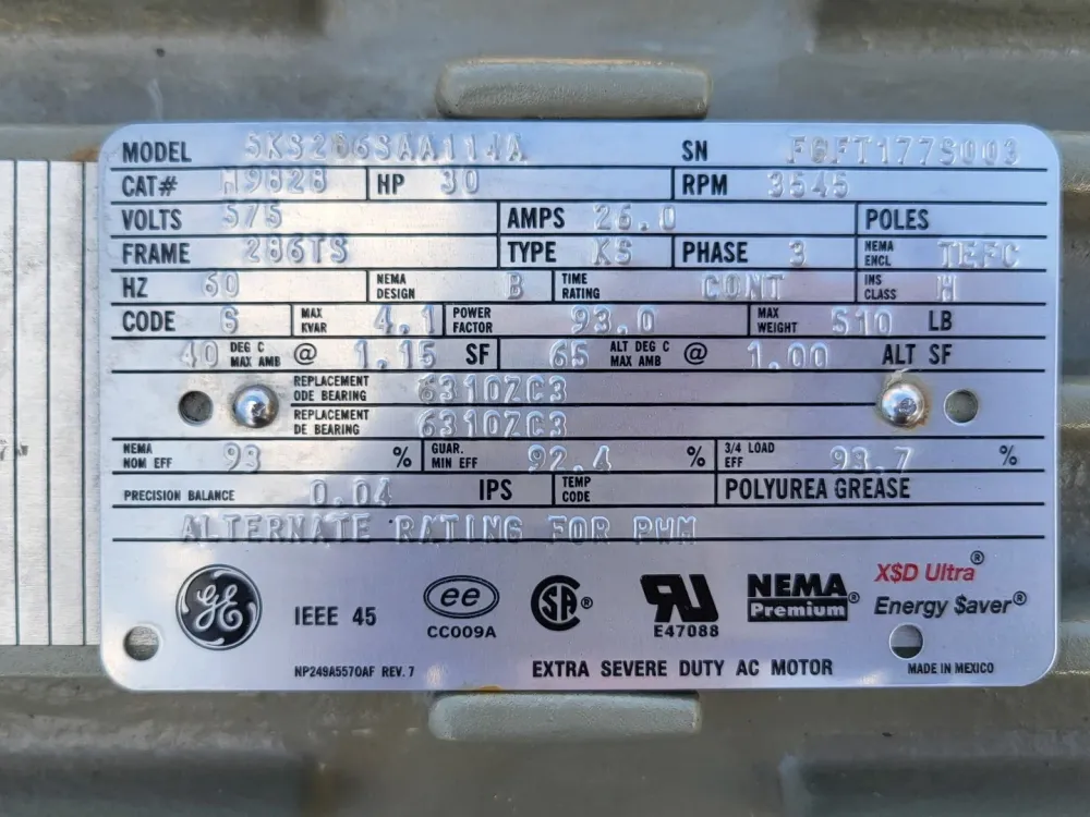 30 hp, 575 volts, 3545 rpm, 286TS Electrical Motor 5KS256SAA114A | Links | Elektrisch