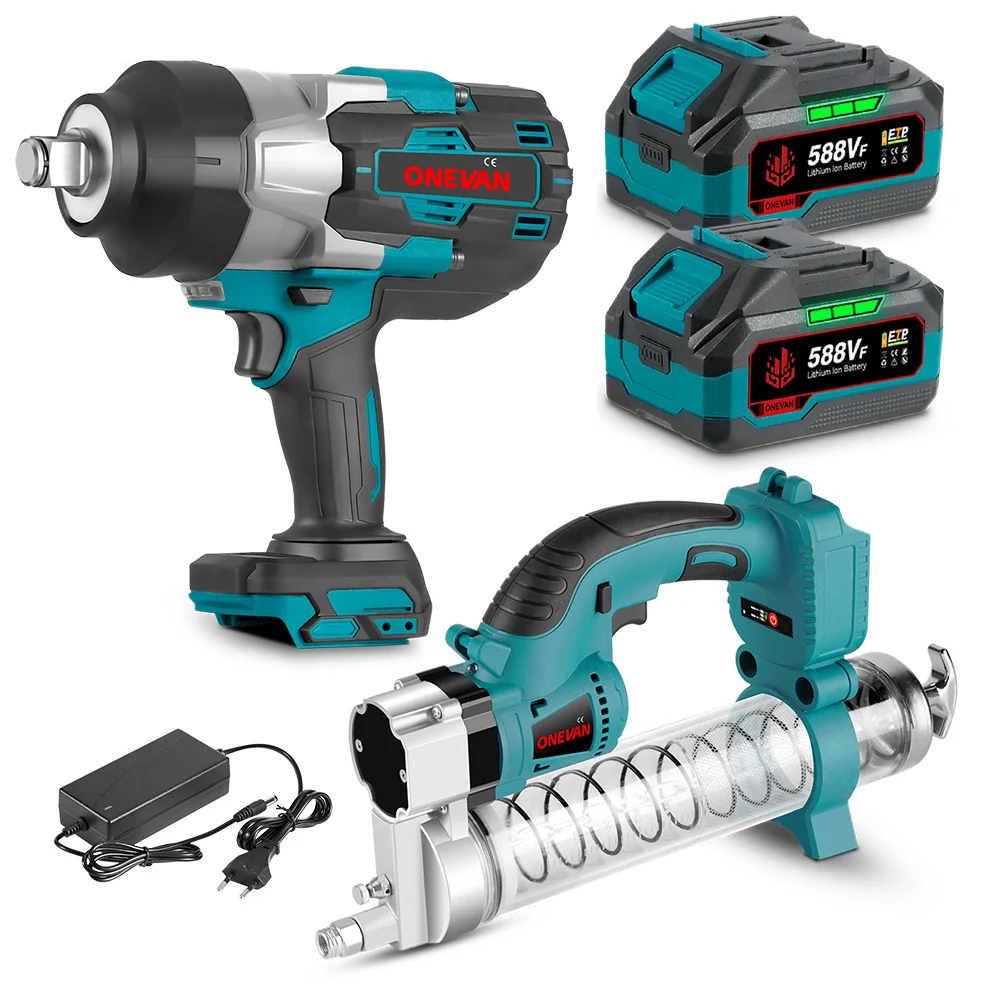 ONEVAN 3/4" 3500N·m Impact Wrench & 10000PSL Grease Gun Brushless Zonder snoer 2‑Pc. Combo Kit 6.0Ah