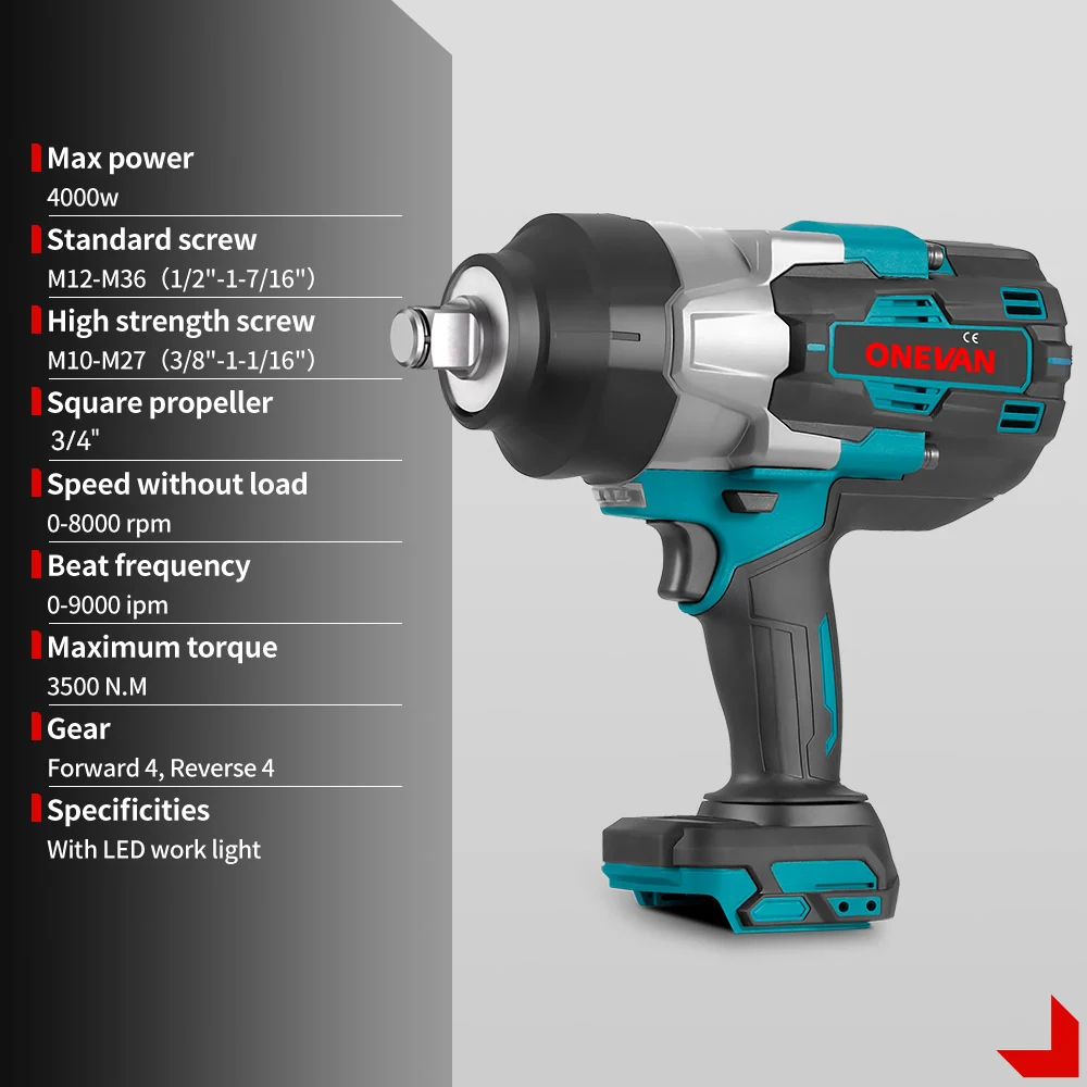 ONEVAN 3/4" 3500N·m Impact Wrench & 1/2'' 1000N·m Ratchet Wrench Brushless Mobiel 2‑Pc. Combo Kit 6.0Ah met draadtappen en...