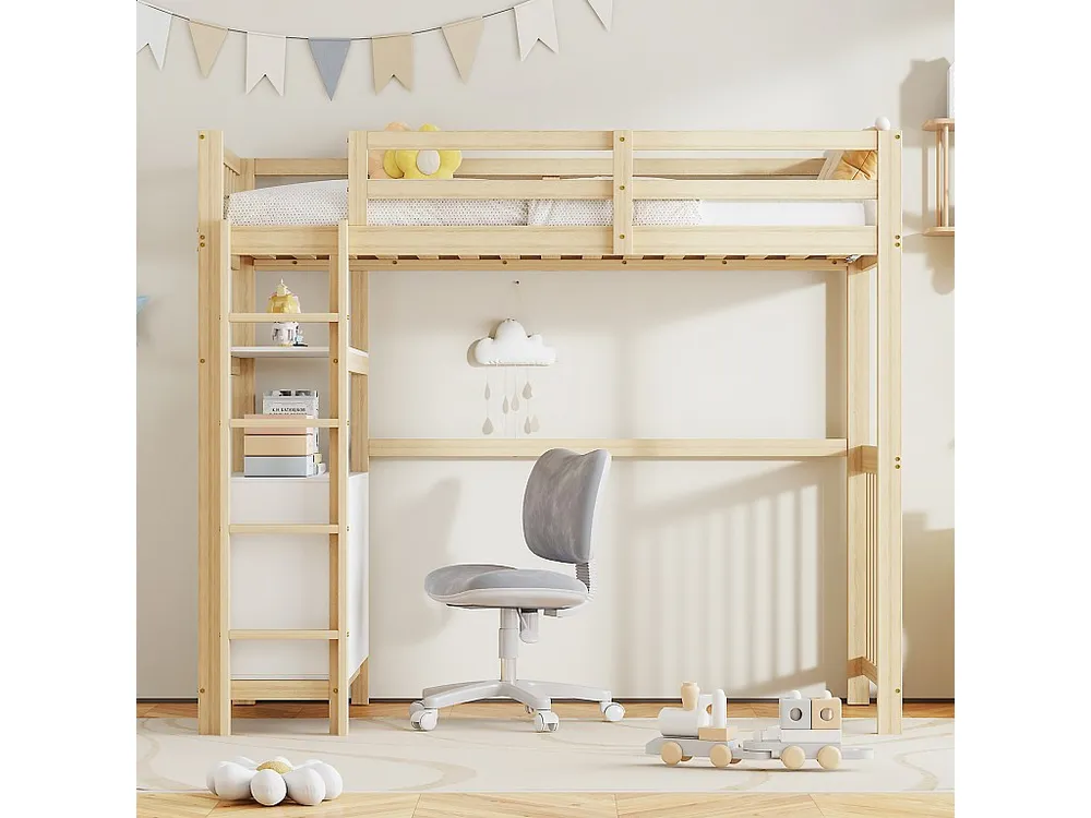 Hoogslaper 90x200cm massief hout - met 6 laden en veiligheidsbarrières - Naturel