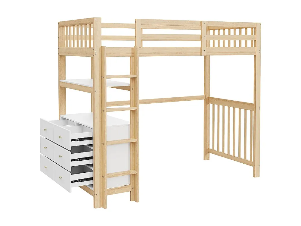 Hoogslaper 90x200cm massief hout - met 6 laden en veiligheidsbarrières - Naturel