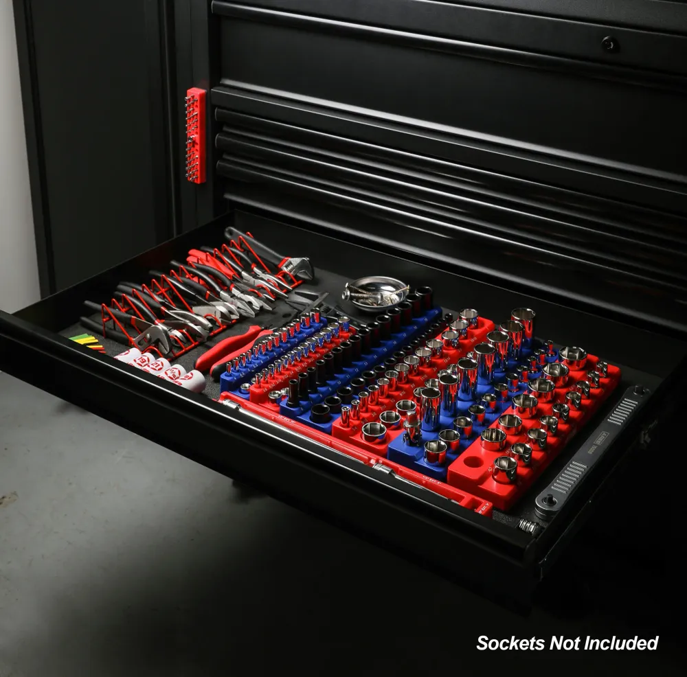ARES 60058 - 6-Piece Zeeblauw and Red Metric and SAE Magnetic Socket Organizer Set