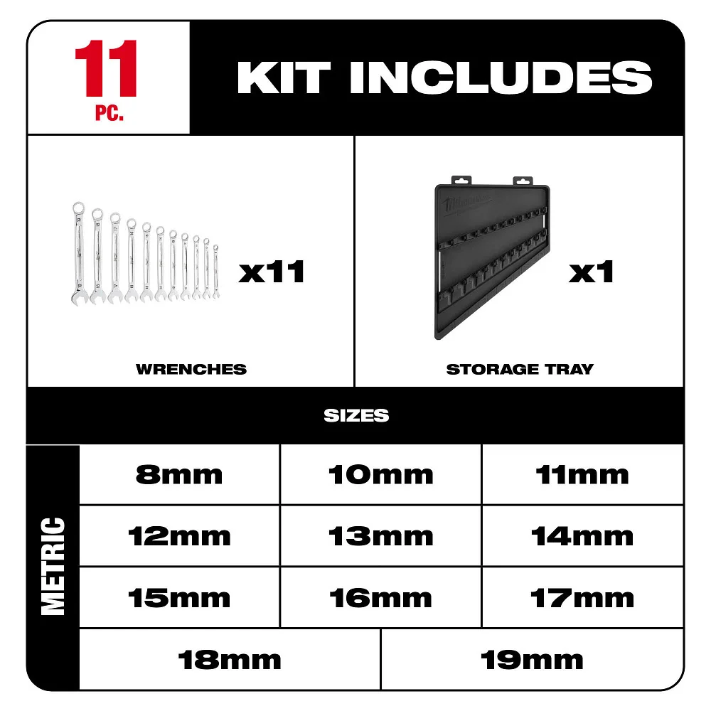 MILWAUKEE 11 PC. Combination Wrench Set - Metric