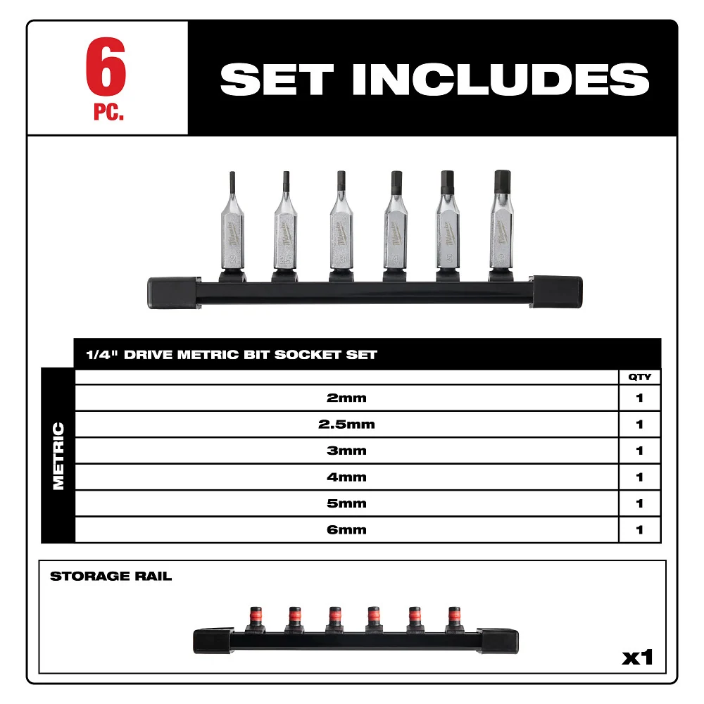 MILWAUKEE 6 PC. 1/4" Drive Hex Bit Socket Set - Metric