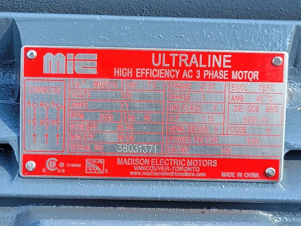 7.5 hp, 575 volts, 3520 rpm, 213T Electric Motor MUE515