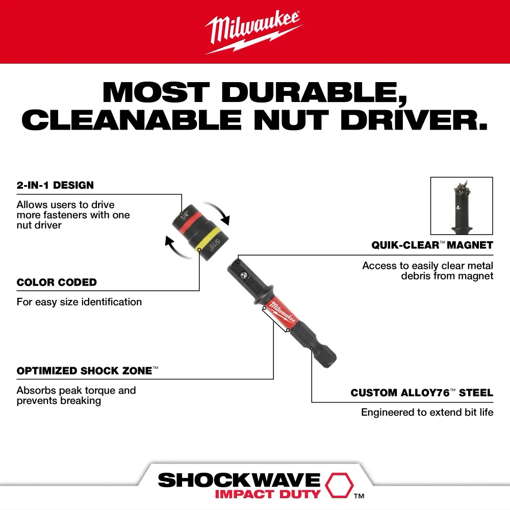 MILWAUKEE 1/4" & 5/16" X 2-1/4" SHOCKWAVE IMPACT DUTY™ QUIK-CLEAR™ 2--1 Magnetic Nut Driver