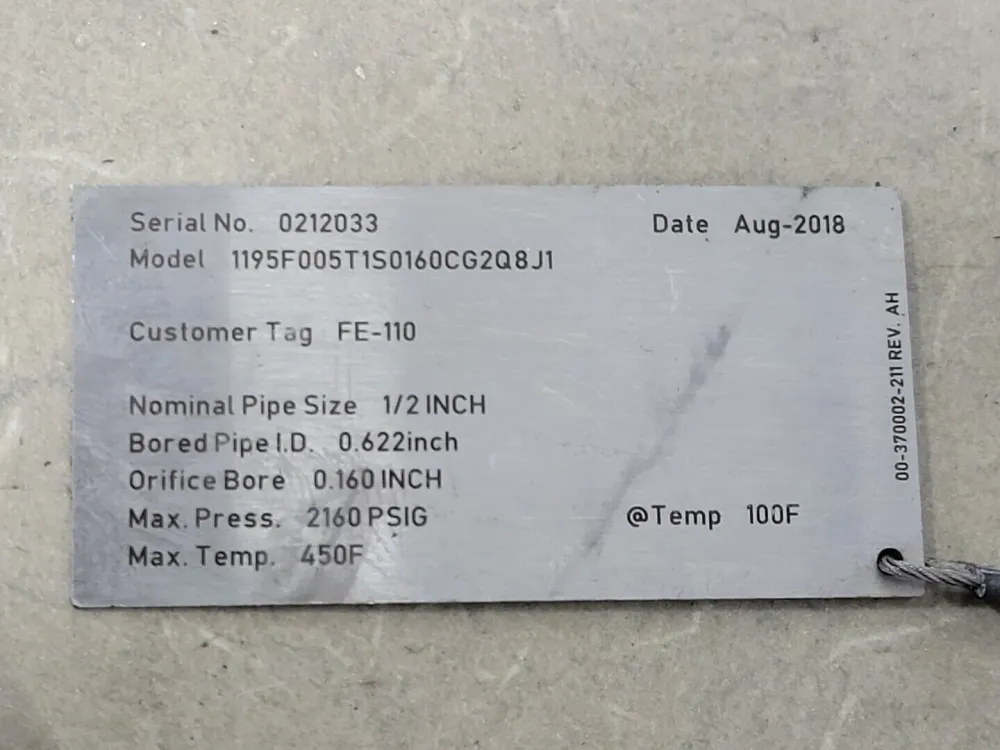 Rosemount 1/2" Flow Meter Orifice 1195F005T1S0160CG2Q8J1