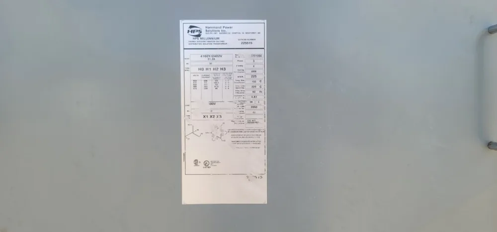 225 kVA Transformer, 4160Y/2402 pri. volts, 600 sec. volts 225515