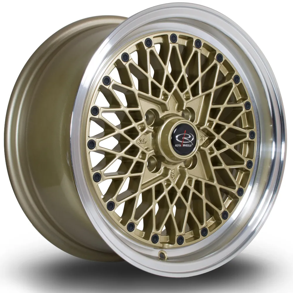 Rota OS Gaas 15x7" 4x100 ET30, Gold, Polished Lip glanzend zwart