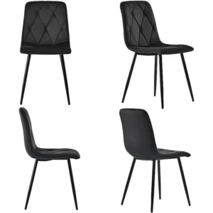 Set van 4 Luxe fluweel stoelen - metalen structuur - Ruitpatroon - zwart