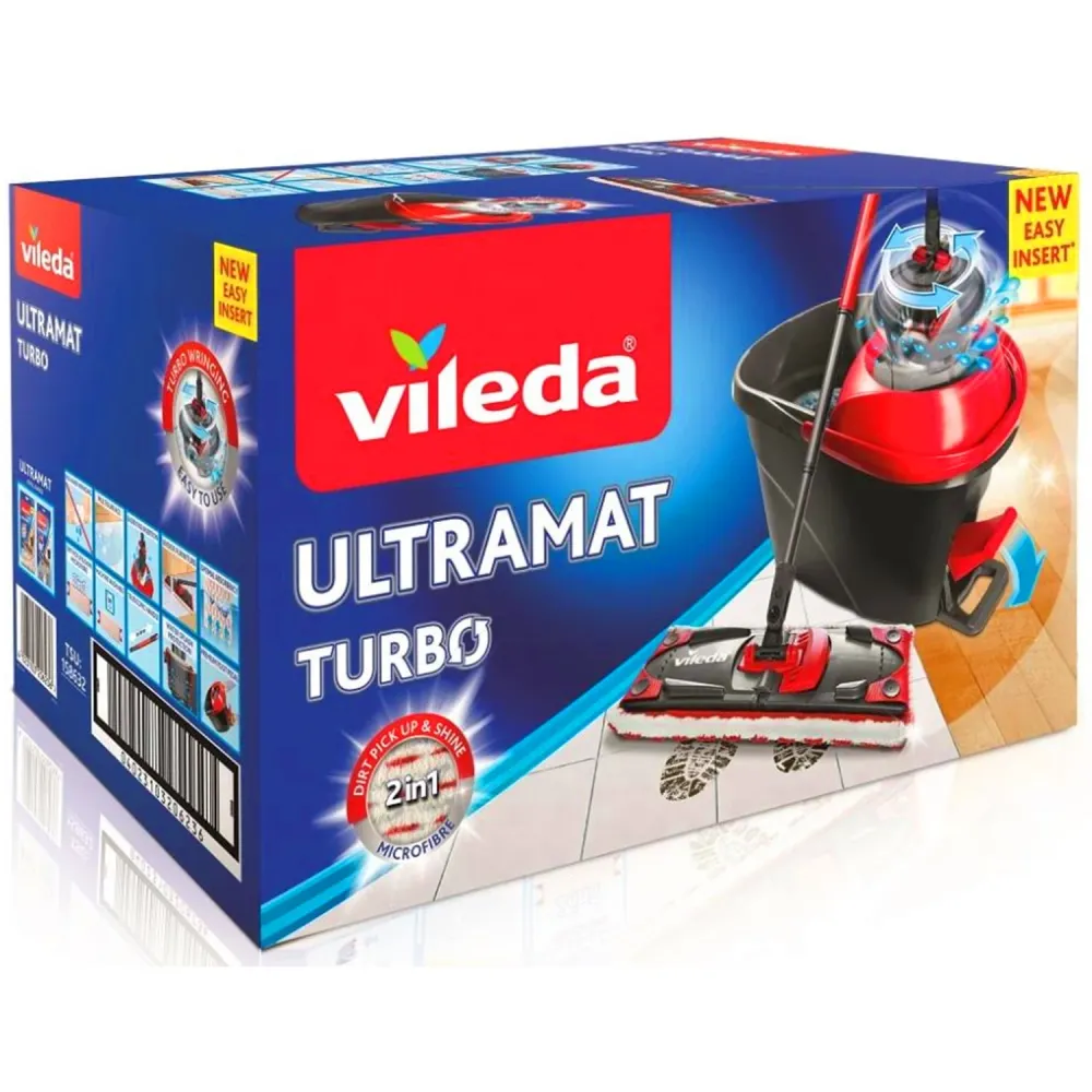 Vileda 163425 Vileda Ultramat Turbo Flat Mop Bucket Set Microvezel Head Cloan Floor 2in1