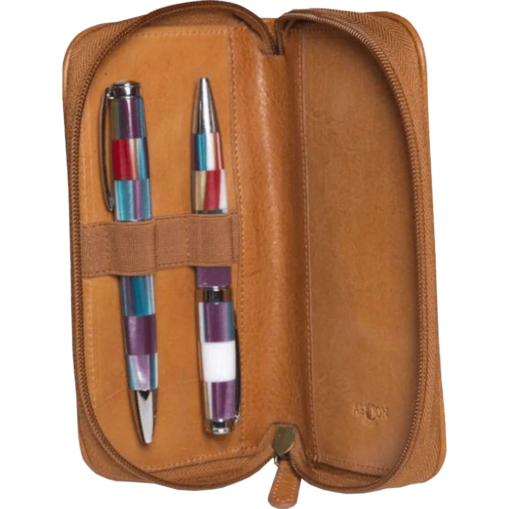 Aston Leather Tan Zipper 2-Pen Case