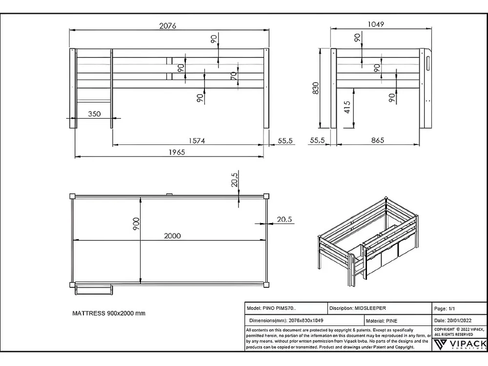 Hoogslaper PINO LB005 105x208x83 Grijs