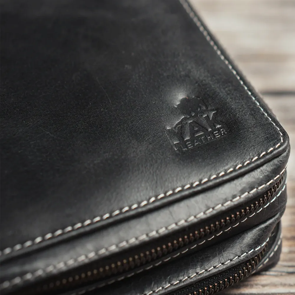 Yak Leather 26 Double Sided Zipped Pen Holder - Ebbenhout