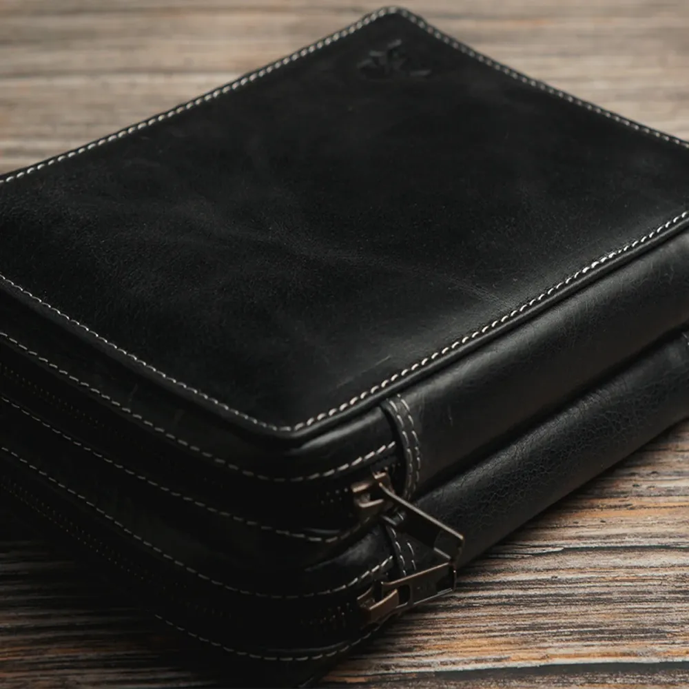 Yak Leather 26 Double Sided Zipped Pen Holder - Ebbenhout