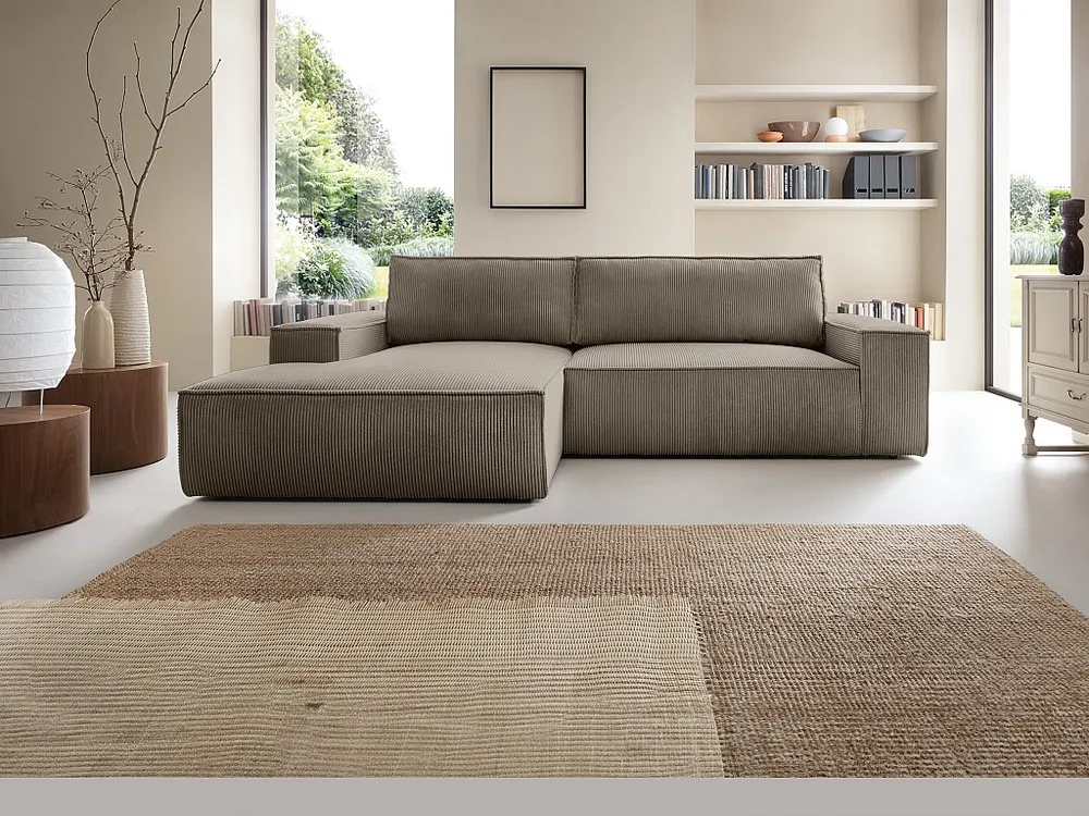 Slaapbank met linkse hoek taupe ribfluweel AMELIA