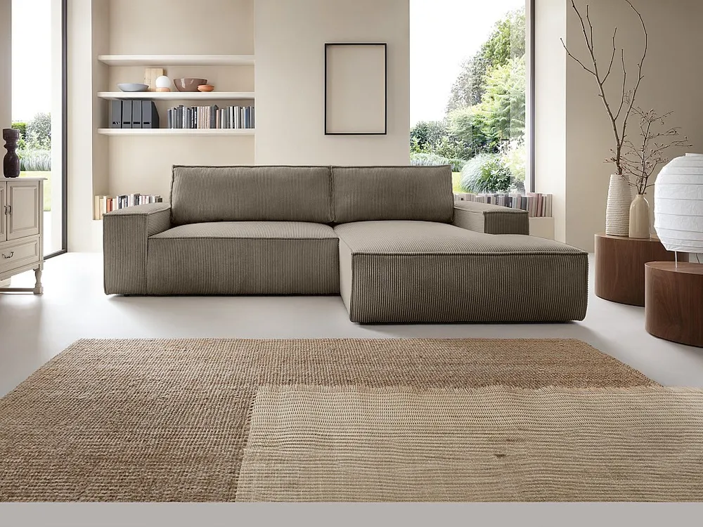 Slaapbank met rechtse hoek taupe ribfluweel AMELIA