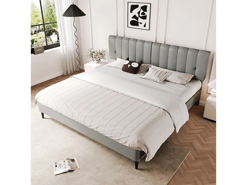 Gestoffeerd bed 160 x 200 cm met hoofdeinde - PU leer - Afneembare rugleuning - Grijs