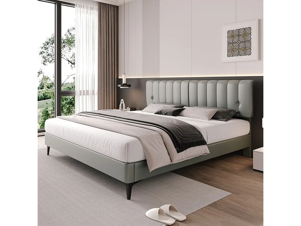 Gestoffeerd bed 160 x 200 cm met hoofdeinde - PU leer - Afneembare rugleuning - Grijs