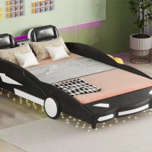 Kinderbed 140x200cm de vorm van een auto - kunstleer - lattenbodem - Zwart met veiligheidskabel