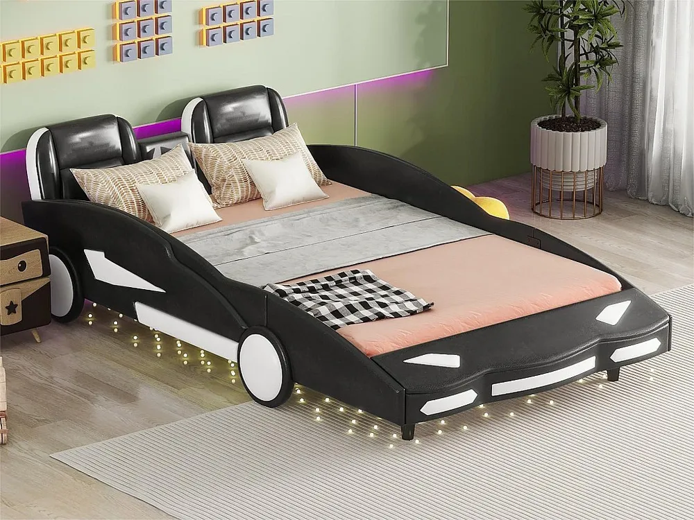 Kinderbed 140x200cm de vorm van een auto - kunstleer - lattenbodem - Zwart met veiligheidskabel