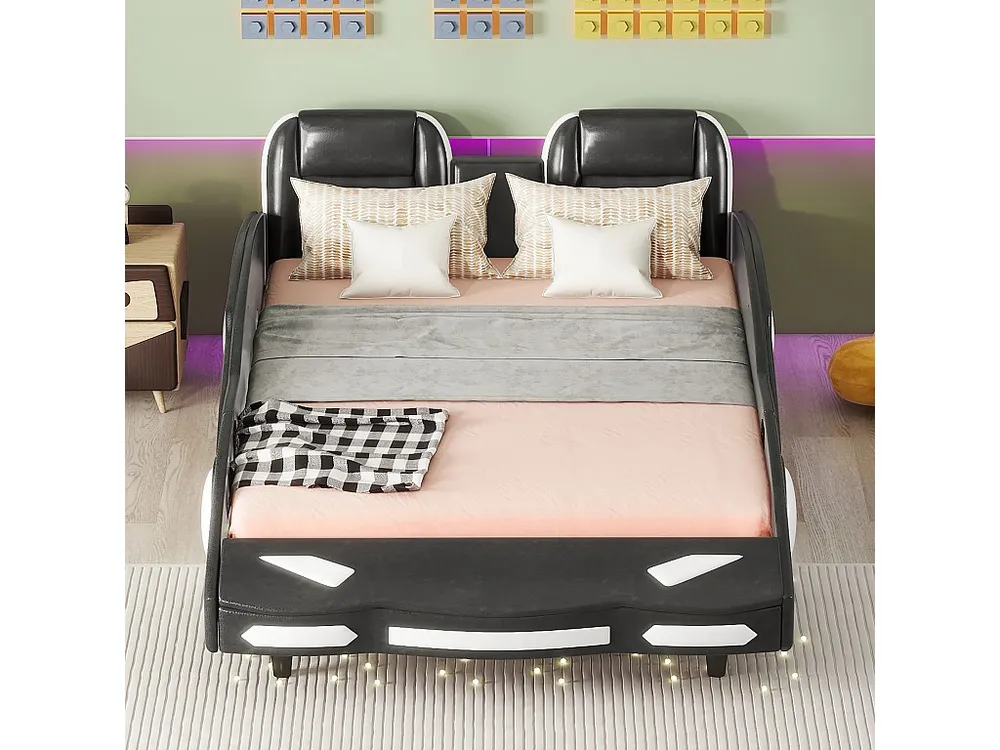 Kinderbed 140x200cm de vorm van een auto - kunstleer - lattenbodem - Zwart met veiligheidskabel