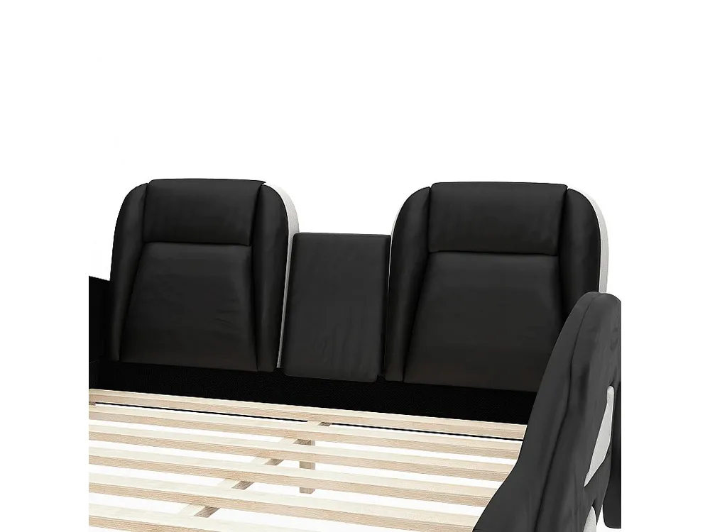 Kinderbed 140x200cm de vorm van een auto - kunstleer - lattenbodem - Zwart met veiligheidskabel
