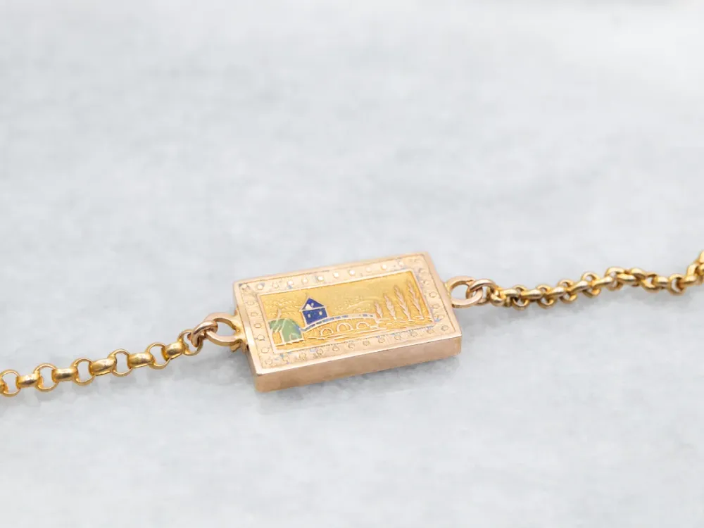 Long Antique Gold Sleepy Downtown Enamel Slide Pendant Necklace