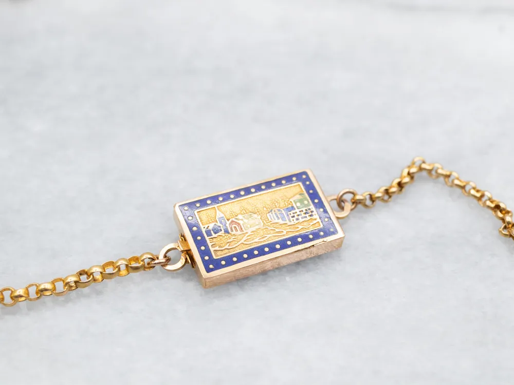 Long Antique Gold Sleepy Downtown Enamel Slide Pendant Necklace