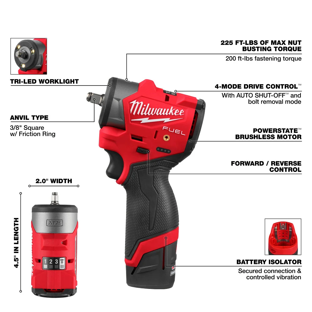 Milwaukee M12 FUEL 3/8 Inch Subcompact Impact Wrench Friction Ring Kit 3049-22 - Universeel Toepasbaar