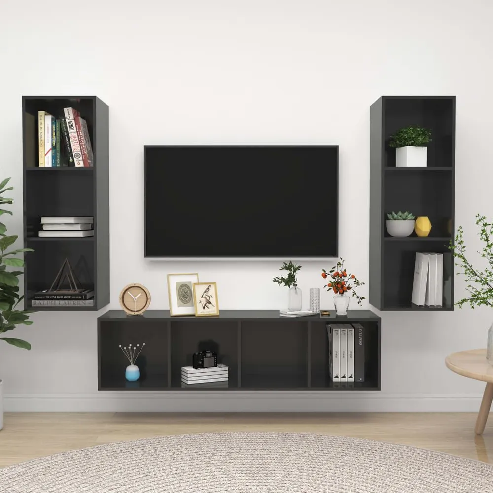 3-delige Tv-meubelset bewerkt hout hoogglans grijs gegalvaniseerd staal
